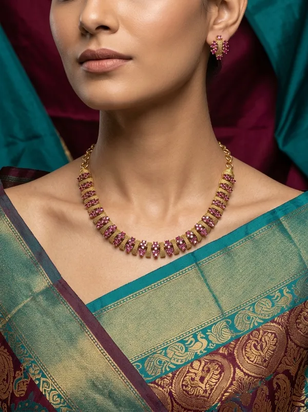 Vosgi_Pink_Stone_Gold_Necklace_Set_South_Indian_Style