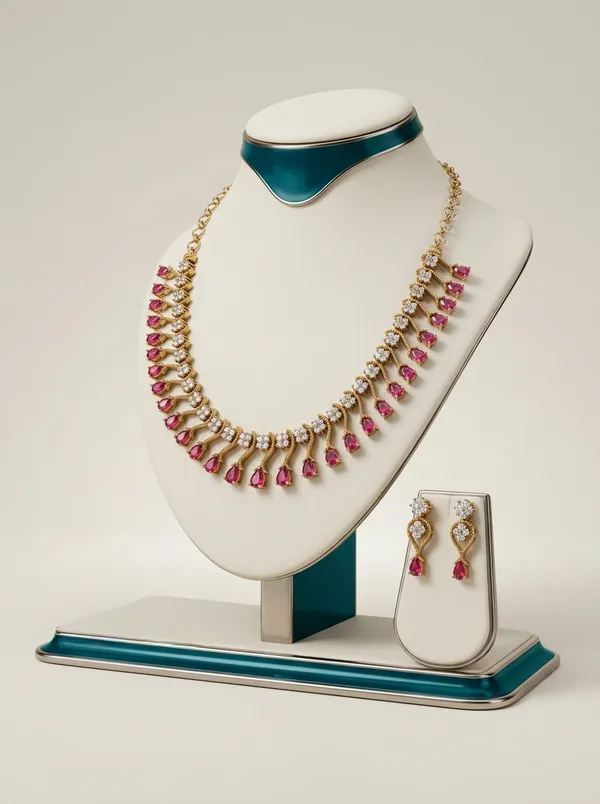 Vosgi_Gold_Plated_Ruby_Pink_Drop_&_White_CZ_Necklace_Set