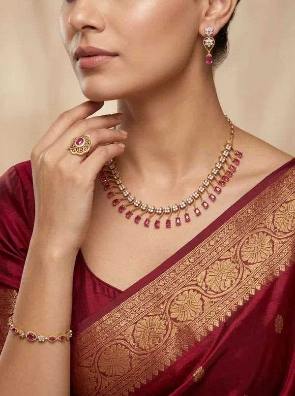 Vosgi_Gold_Plated_Ruby_Pink_Drop_&_White_CZ_Necklace_Set