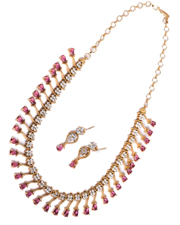 Vosgi_Gold_Plated_Ruby_Pink_Drop_&_White_CZ_Necklace_Set