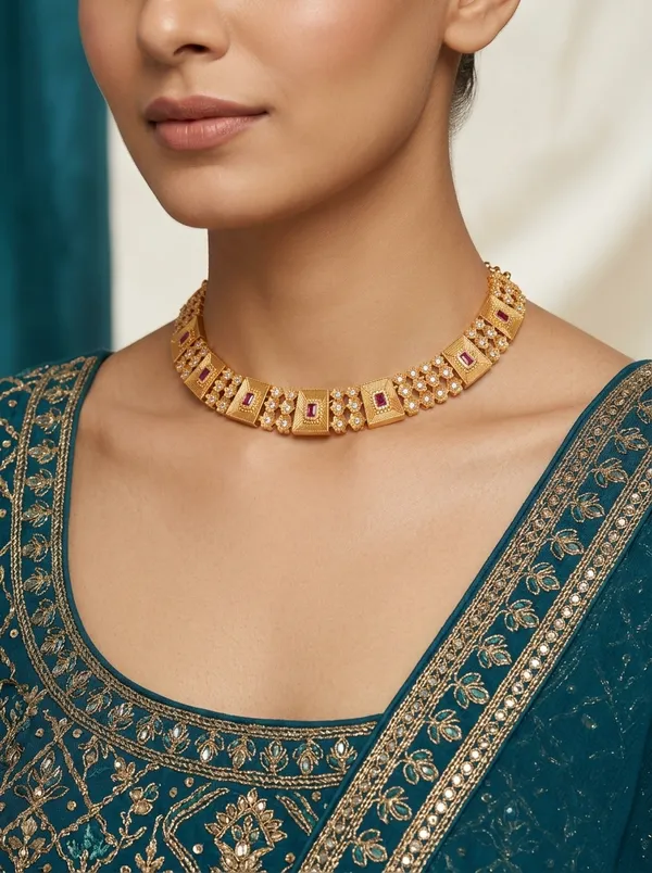 Vosgi_Red_Ruby_CZ_Stone_Antique_Gold_South_Indian_Choker