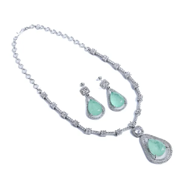 Vosgi_Silver_Toned_Mint_Green_Teardrop_Halo_Pendant_&_CZ_Link_Necklace_Set