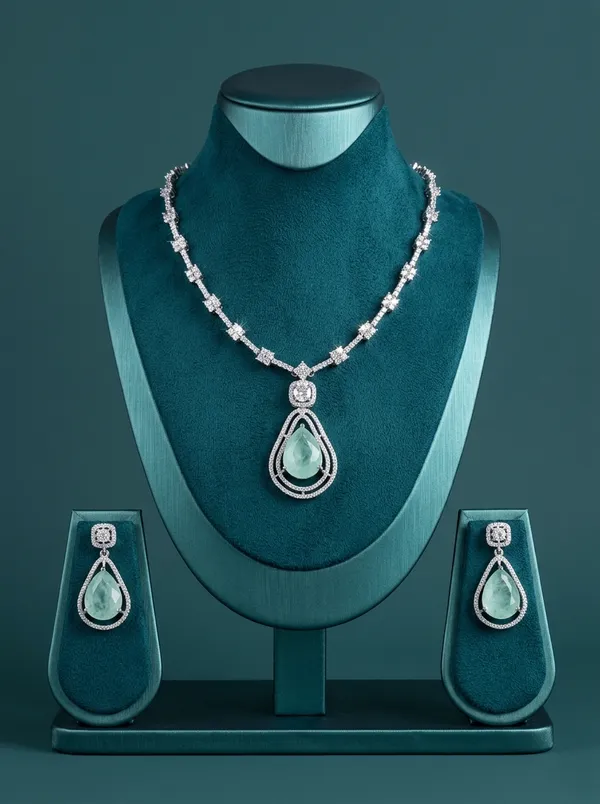 Vosgi_Silver_Toned_Mint_Green_Teardrop_Halo_Pendant_&_CZ_Link_Necklace_Set