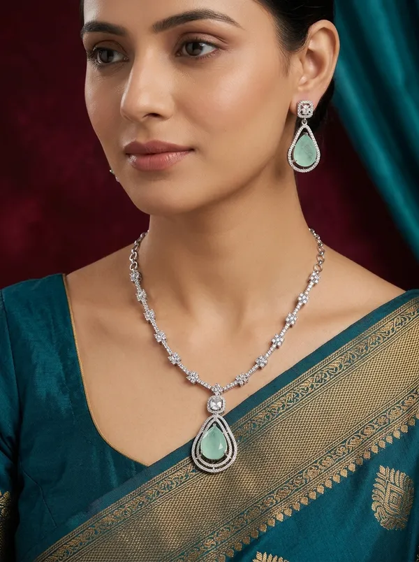 Vosgi_Silver_Toned_Mint_Green_Teardrop_Halo_Pendant_&_CZ_Link_Necklace_Set