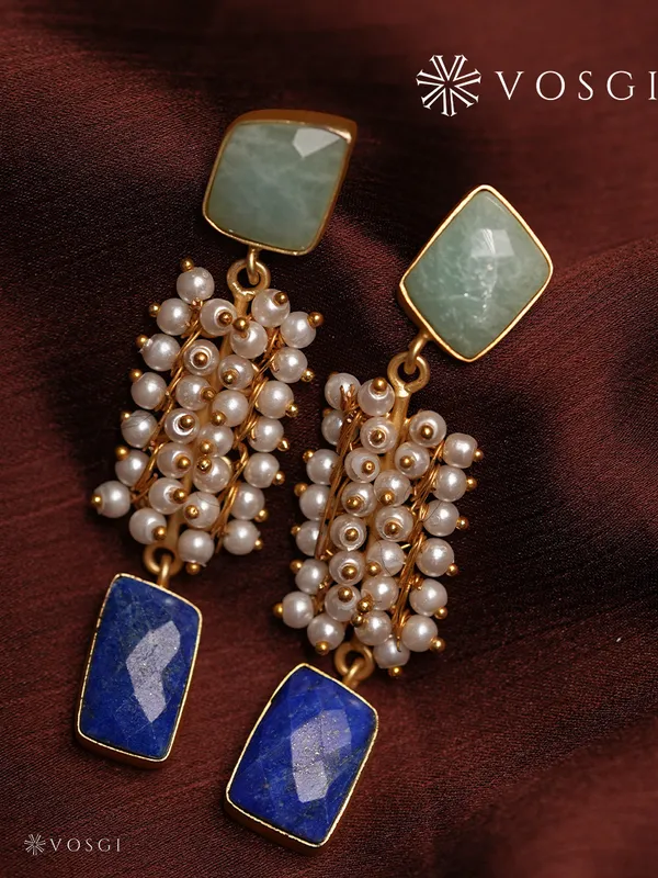Vosgi_Mint_Green_&_Lapis_Blue_Stone_Pearl_Cluster_Dangle_Earrings