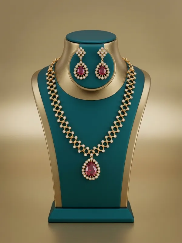 Vosgi_Gold_Plated_Ruby_Pink_Teardrop_Pendant_&_White_CZ_Lattice_Necklace_Set