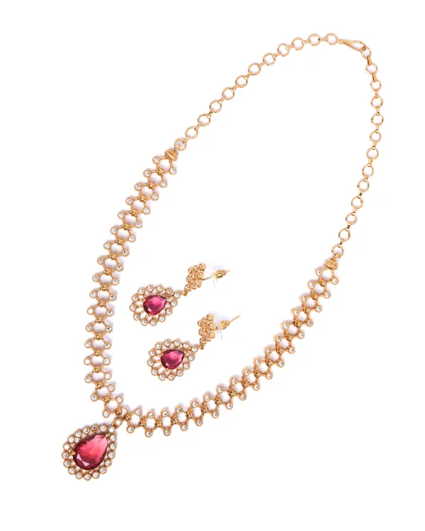 Vosgi_Gold_Plated_Ruby_Pink_Teardrop_Pendant_&_White_CZ_Lattice_Necklace_Set