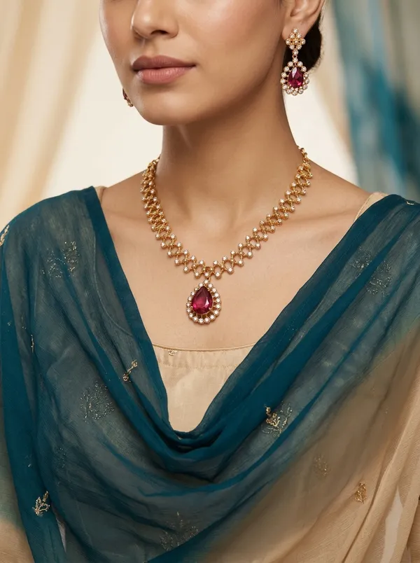 Vosgi_Gold_Plated_Ruby_Pink_Teardrop_Pendant_&_White_CZ_Lattice_Necklace_Set