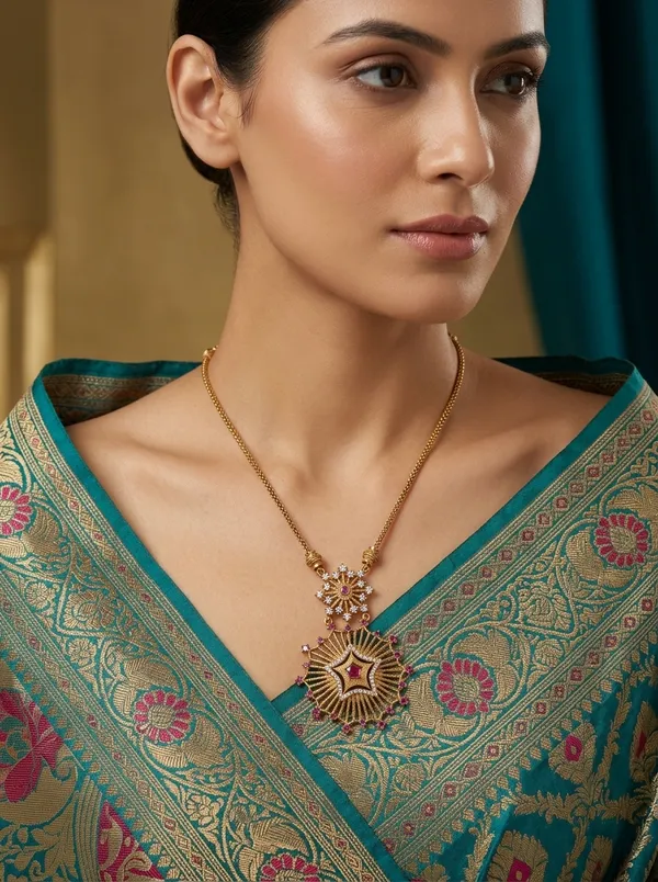 Vosgi_Gold_Plated_Celestial_Sunburst_&_Star_Red_CZ_Long_Pendant_Necklace