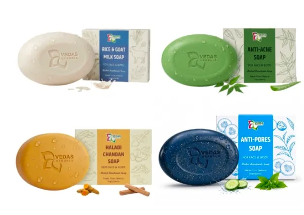 VEDAS_Herbals_Herbal_Soap_Combo_Pack_of_4_–_Rice_&_Goat_Milk,_Anti-Acne,_Haladi_Chandan_&_Anti-Pores_Soaps