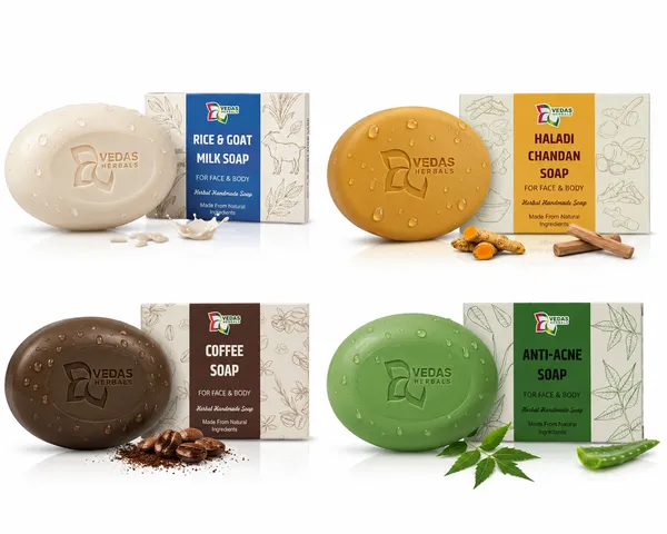 VEDAS_Herbals_Herbal_Soap_Combo_Pack_of_4_–_Rice_&_Goat_Milk,_Haldi_Chandan,_Coffee_&_Anti-Acne_Soaps