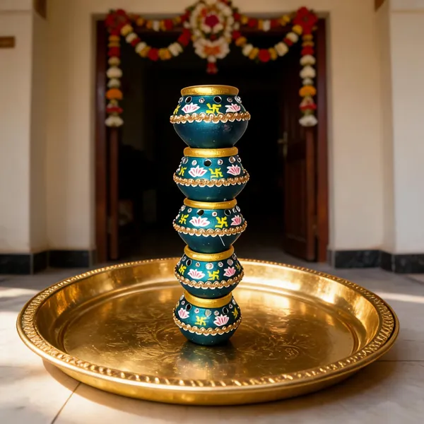 Brass_Teal_Lotus_Swastik_Lakshmi_Kubera_Pot_Set_Of_5