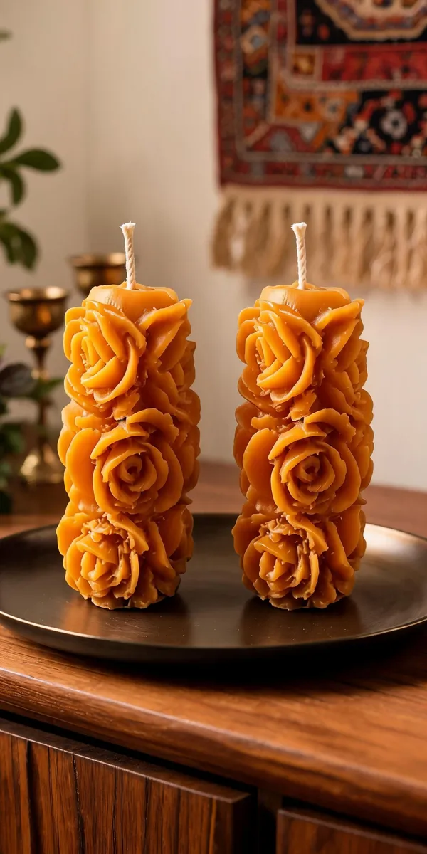 Wax_Decorative_Sculpted_Rose_Floral_Orange_Pillar_Candle_-_Pack_Of_2