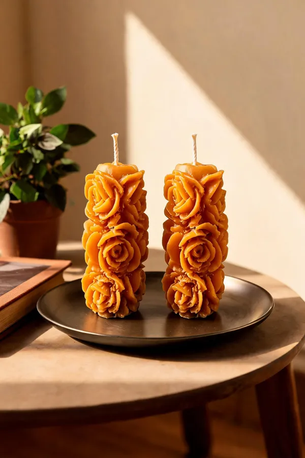 Wax_Decorative_Sculpted_Rose_Floral_Orange_Pillar_Candle_-_Pack_Of_2