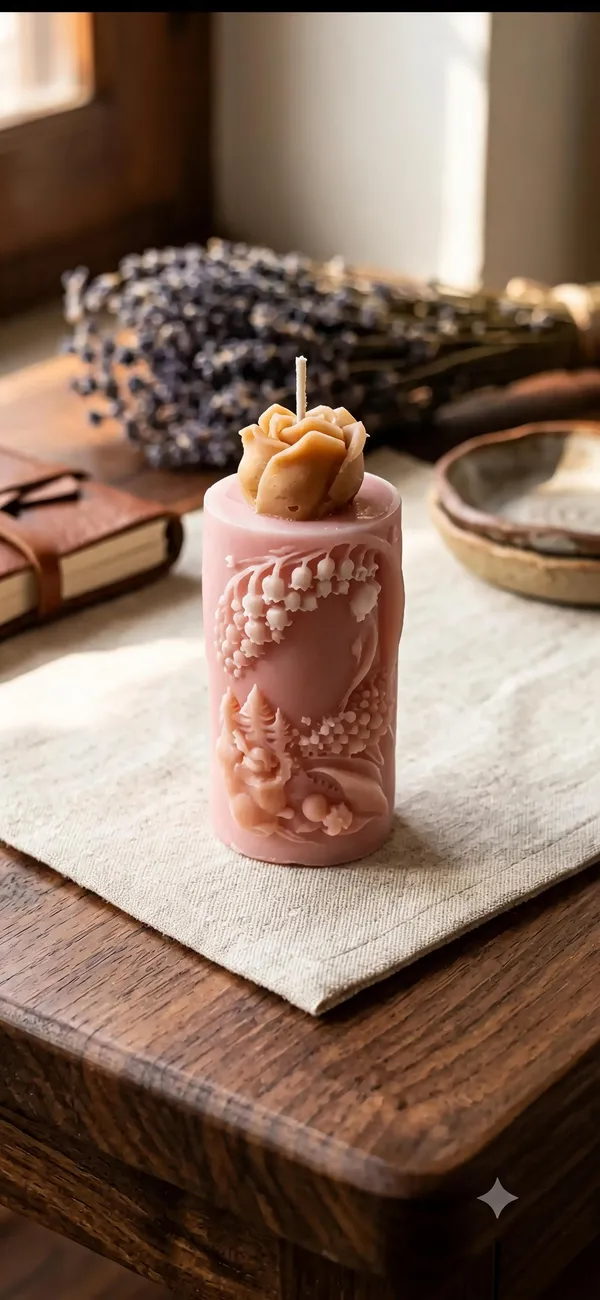 Wax_Decorative_Floral_Embossed_Pink_Pillar_Candle