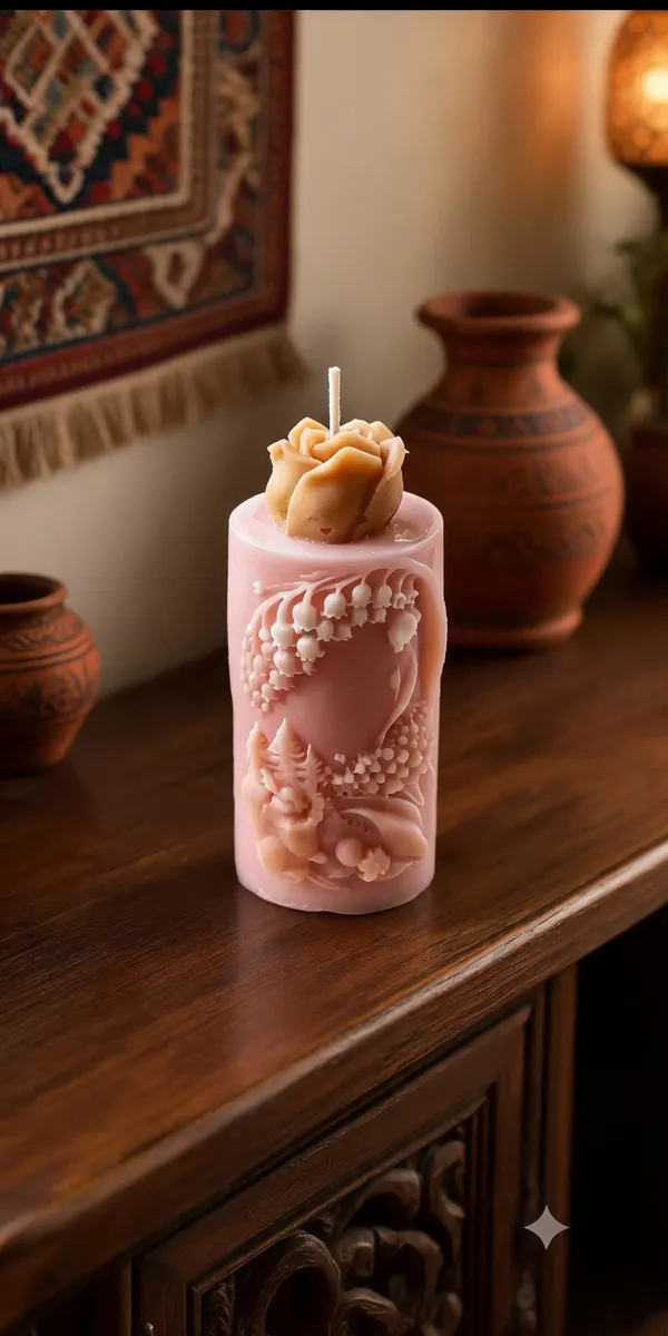 Wax_Decorative_Floral_Embossed_Pink_Pillar_Candle