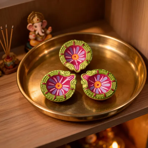 Clay_Festive_Green_Pink_Floral_Design_Painted_Decorative_Diya_Set_Of_3