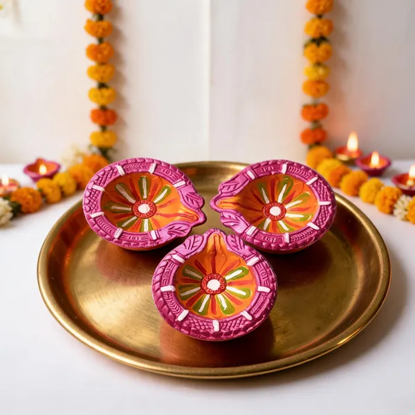 Terracotta_Festive_Floral_Painted_Pink_Decorative_Diya_Set