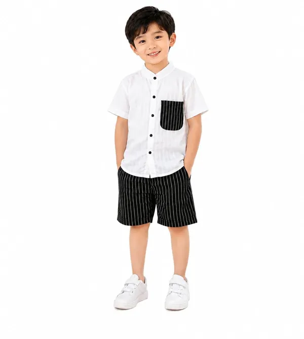 Boys_Mandarin_Collar_Shirt_And_Pinstripe_Shorts_Co_Ord_Set