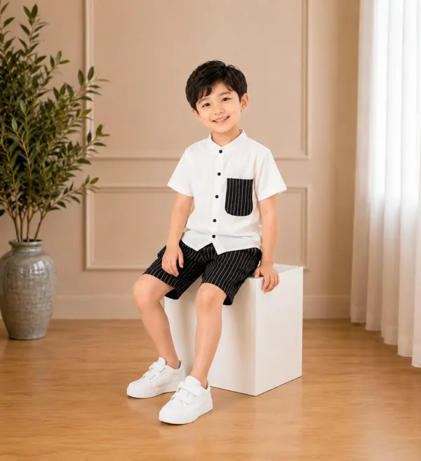 Boys_Mandarin_Collar_Shirt_And_Pinstripe_Shorts_Co_Ord_Set