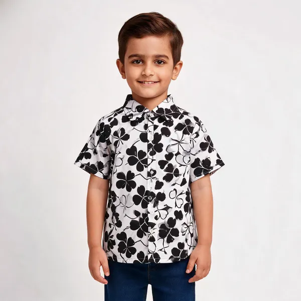 Black_White_Cotton_Clover_Print_Casual_Shirt_For_Boys