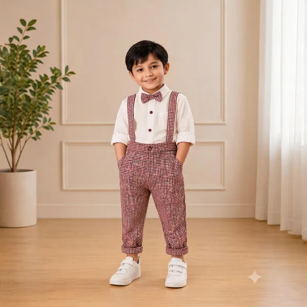 Maroon_White_Cotton_Checkered_Dungaree_Set_For_Boys
