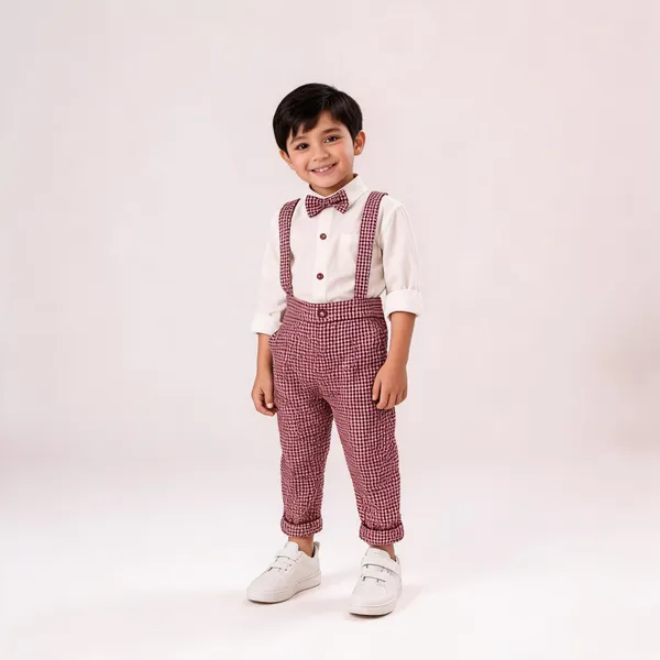 Maroon_White_Cotton_Checkered_Dungaree_Set_For_Boys