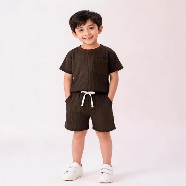 Black_Cotton_Waffle_Knit_T-Shirt_And_Shorts_Set_For_Boys