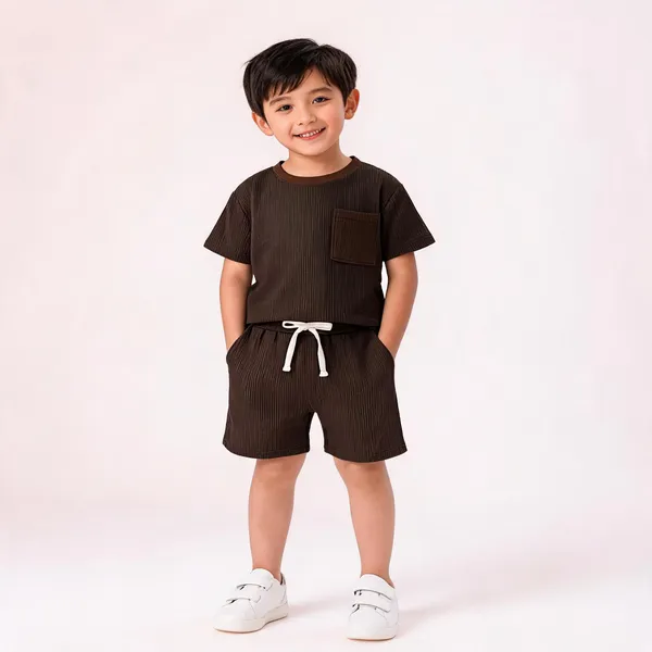 Black_Cotton_Waffle_Knit_T-Shirt_And_Shorts_Set_For_Boys