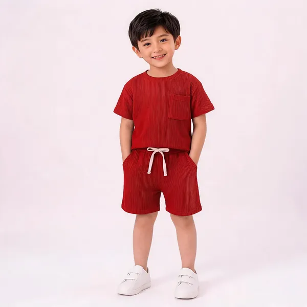 Red_Cotton_Waffle_Knit_T-Shirt_And_Shorts_Set_For_Boys