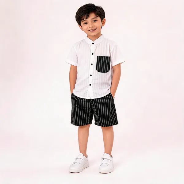White_&_Black_Cotton_Mandarin_Collar_Shirt_&_Pinstripe_Shorts_Set_For_Boys