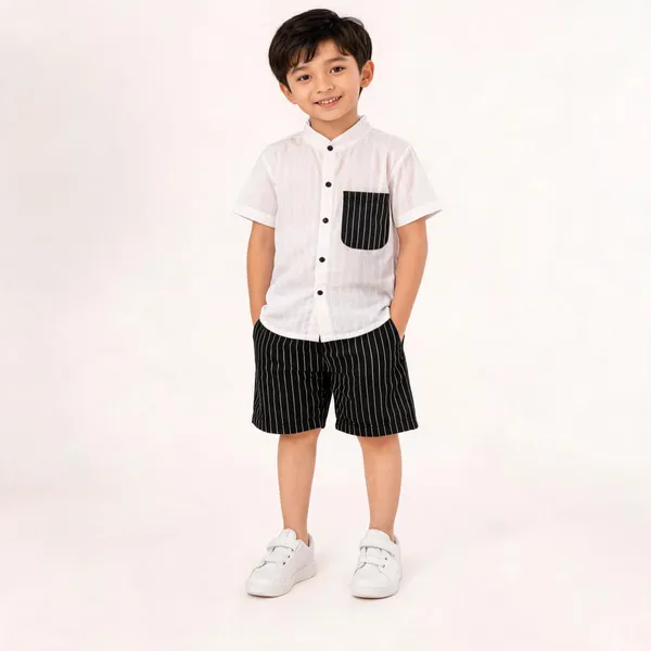 White_&_Black_Cotton_Mandarin_Collar_Shirt_&_Pinstripe_Shorts_Set_For_Boys