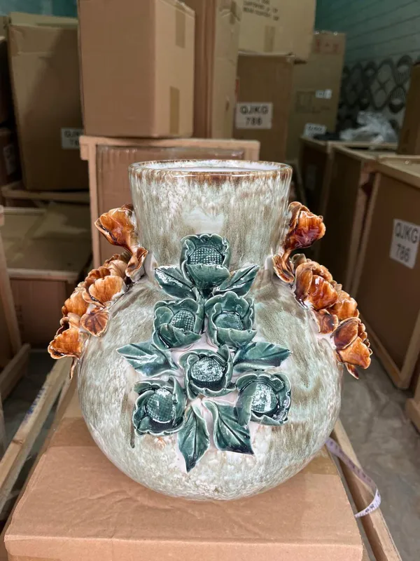 Ceramic_Floral_Relief_Green_Orange_Pink_Decorative_Vase