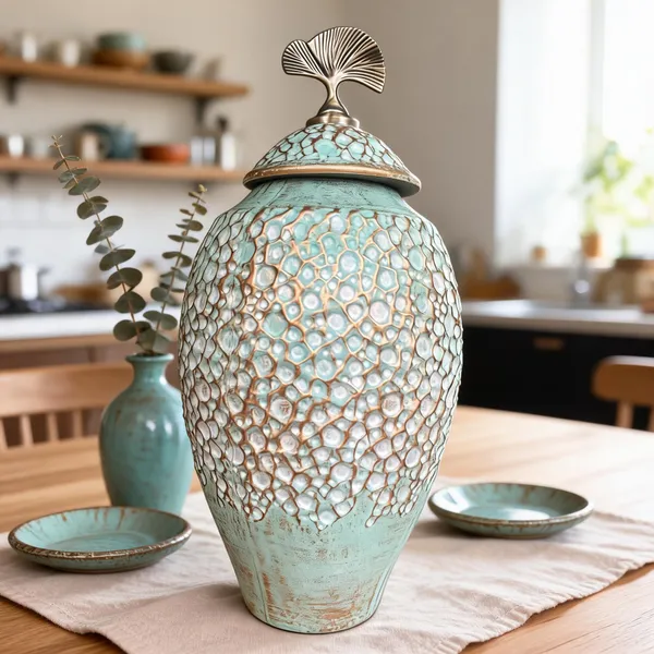 Ceramic_Turquoise_Ginkgo_Leaf_Ornate_Jar