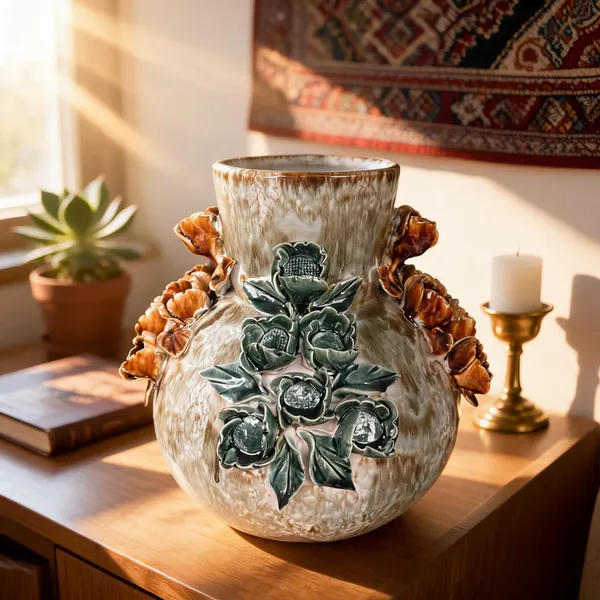 Ceramic_Floral_Relief_Green_Orange_Pink_Decorative_Vase