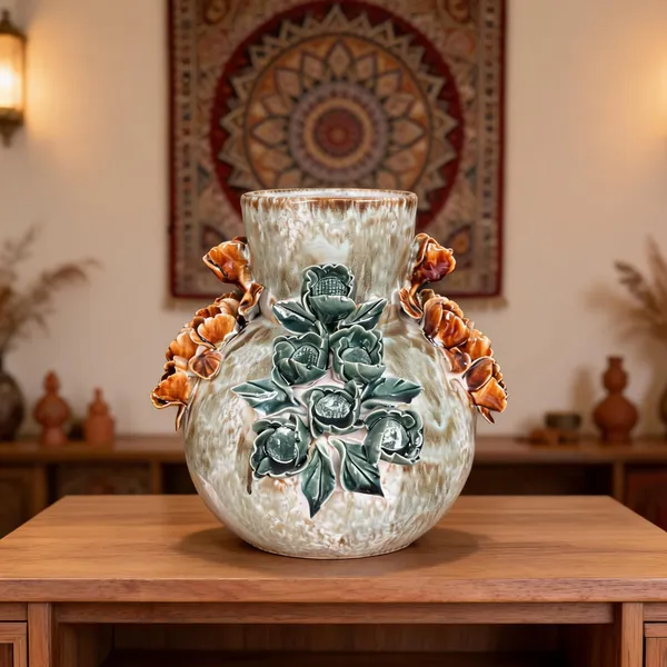 Ceramic_Floral_Relief_Green_Orange_Pink_Decorative_Vase