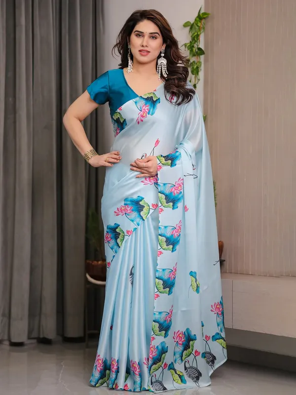 Light_Blue_Satin_Floral_Print_Saree_With_Blouse_For_Women