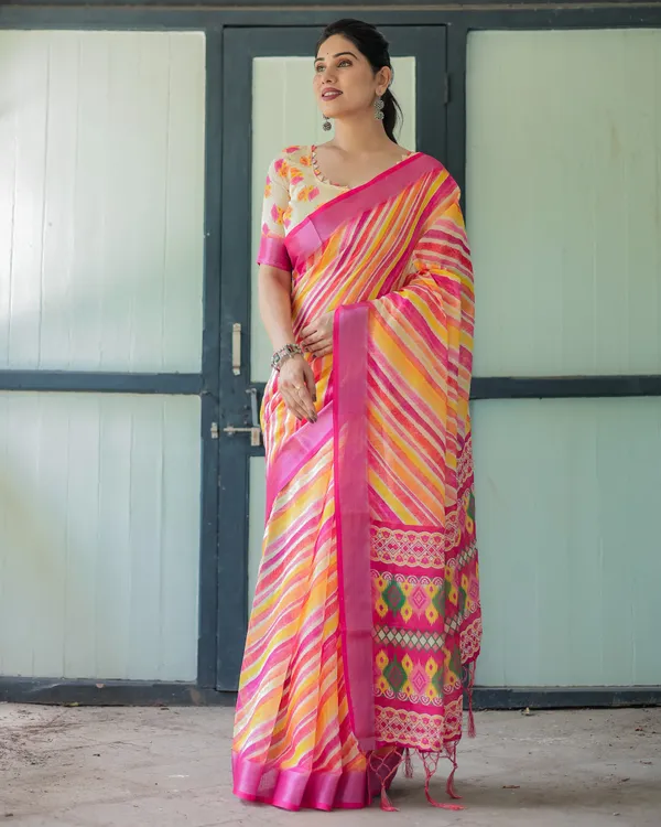 Multicolour_Linen_Cotton_Striped_Print_Saree_With_Blouse_For_Women