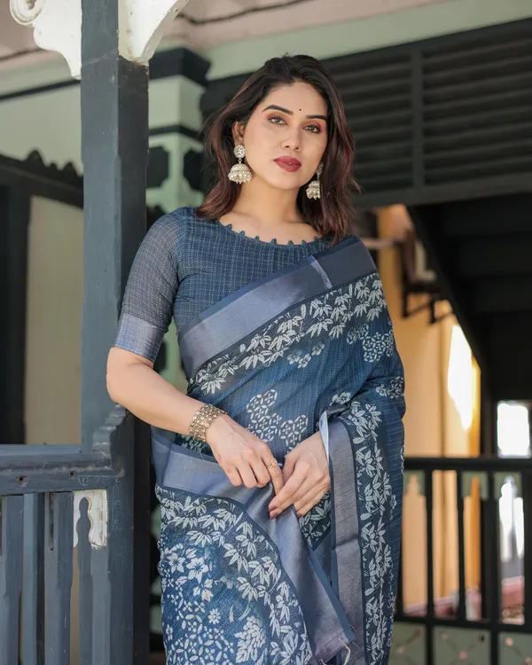 Blue_Linen_Cotton_Floral_Print_Saree_With_Blouse_For_Women