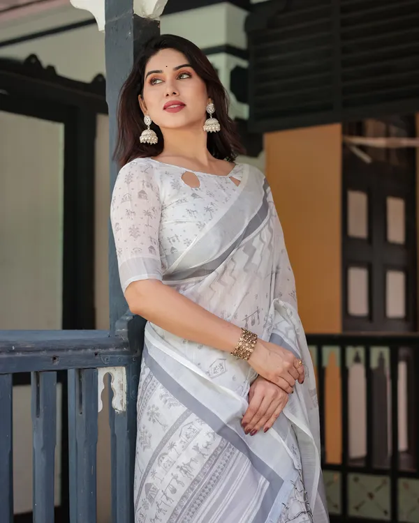 White_Linen_Cotton_Geometric_Floral_Print_Saree_With_Blouse_For_Women