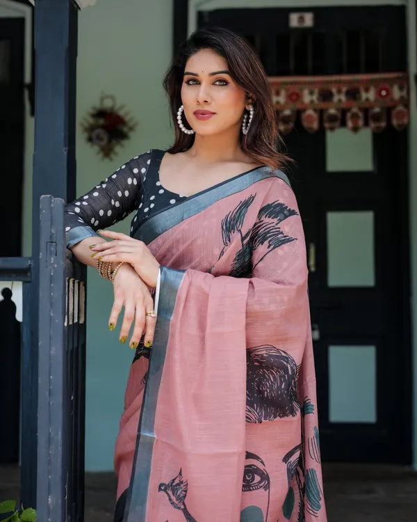Pink_Linen_Cotton_Bird_Foliage_Print_Saree_With_Blouse_For_Women