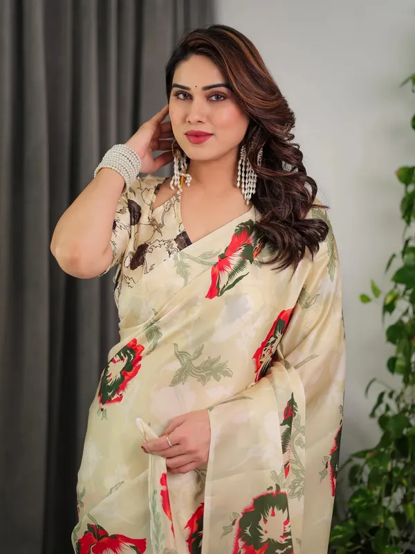 Cream_Satin_Floral_Print_Saree_With_Blouse_For_Women