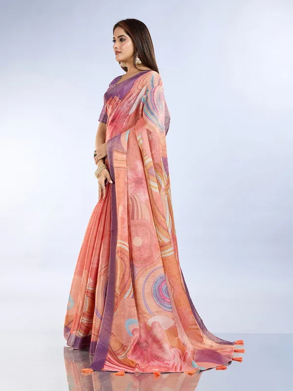 Peach_Cotton_Abstract_Multicolour_Print_Saree_With_Blouse_For_Women