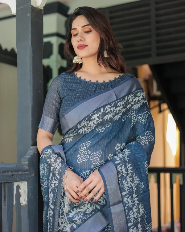 Blue_Linen_Cotton_Floral_Print_Saree_With_Blouse_For_Women