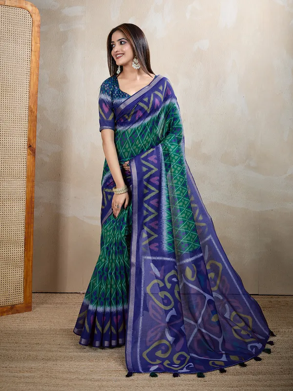 Blue_Green_Chanderi_Cotton_Geometric_Print_Saree_With_Blouse_For_Women