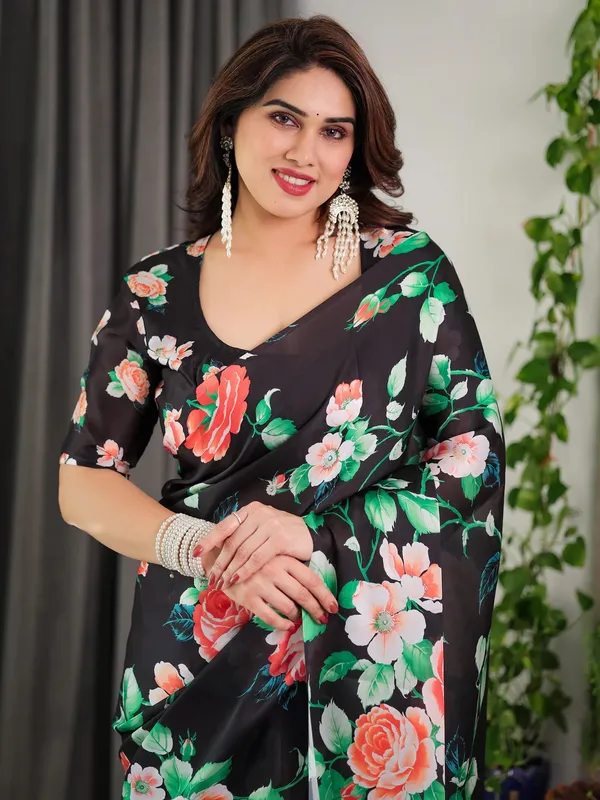 Black_Satin_Floral_Print_Saree_With_Blouse_For_Women