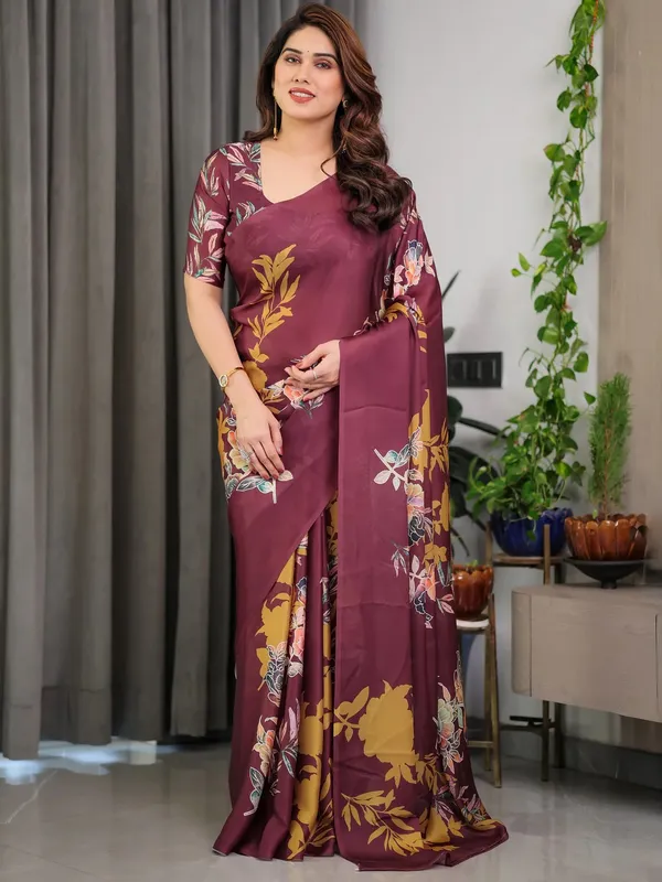 Maroon_Satin_Floral_Print_Saree_With_Blouse_For_Women