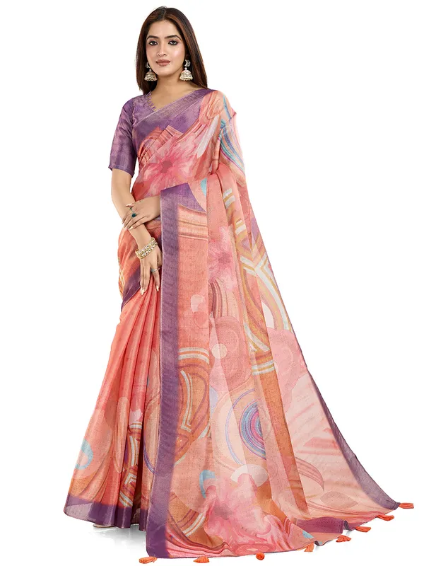 Peach_Cotton_Abstract_Multicolour_Print_Saree_With_Blouse_For_Women