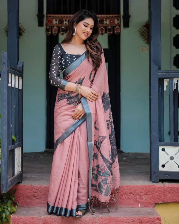 Pink_Linen_Cotton_Bird_Foliage_Print_Saree_With_Blouse_For_Women