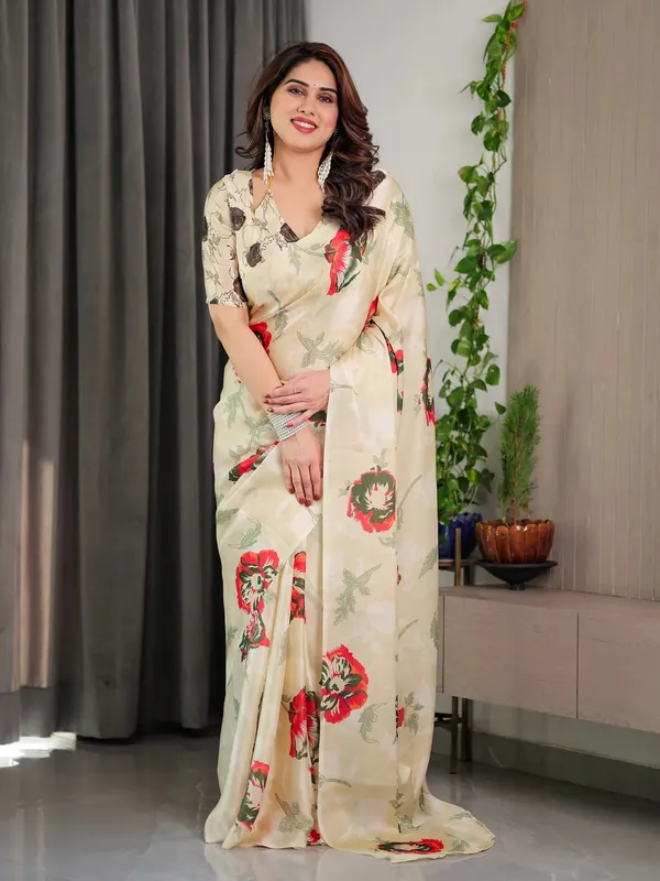 Cream_Satin_Floral_Print_Saree_With_Blouse_For_Women